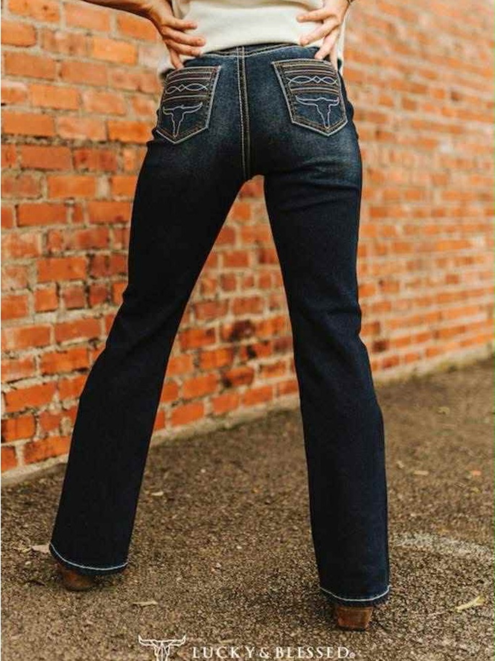 Lucky & Blessed Dark Indigo Boot Cut Jeans with Embroidered Pockets